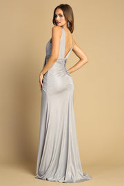 Fitted Ruched Sleeveless Slit Gown by Adora 3159
