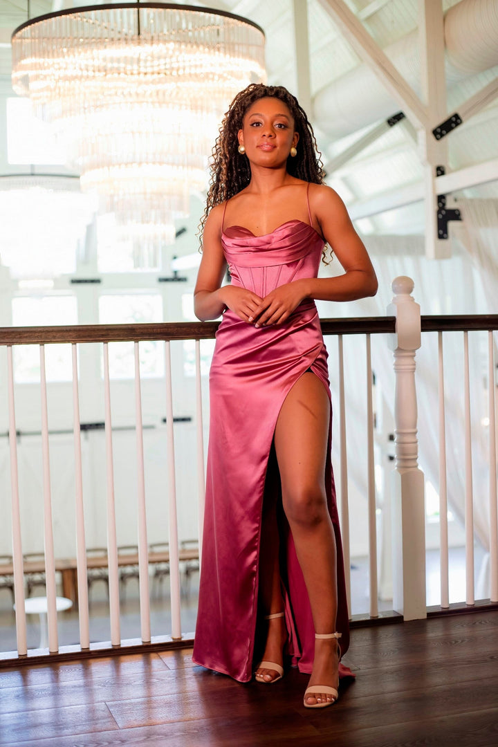 Fitted Satin Corset Cowl Slit Gown by Ladivine 7483