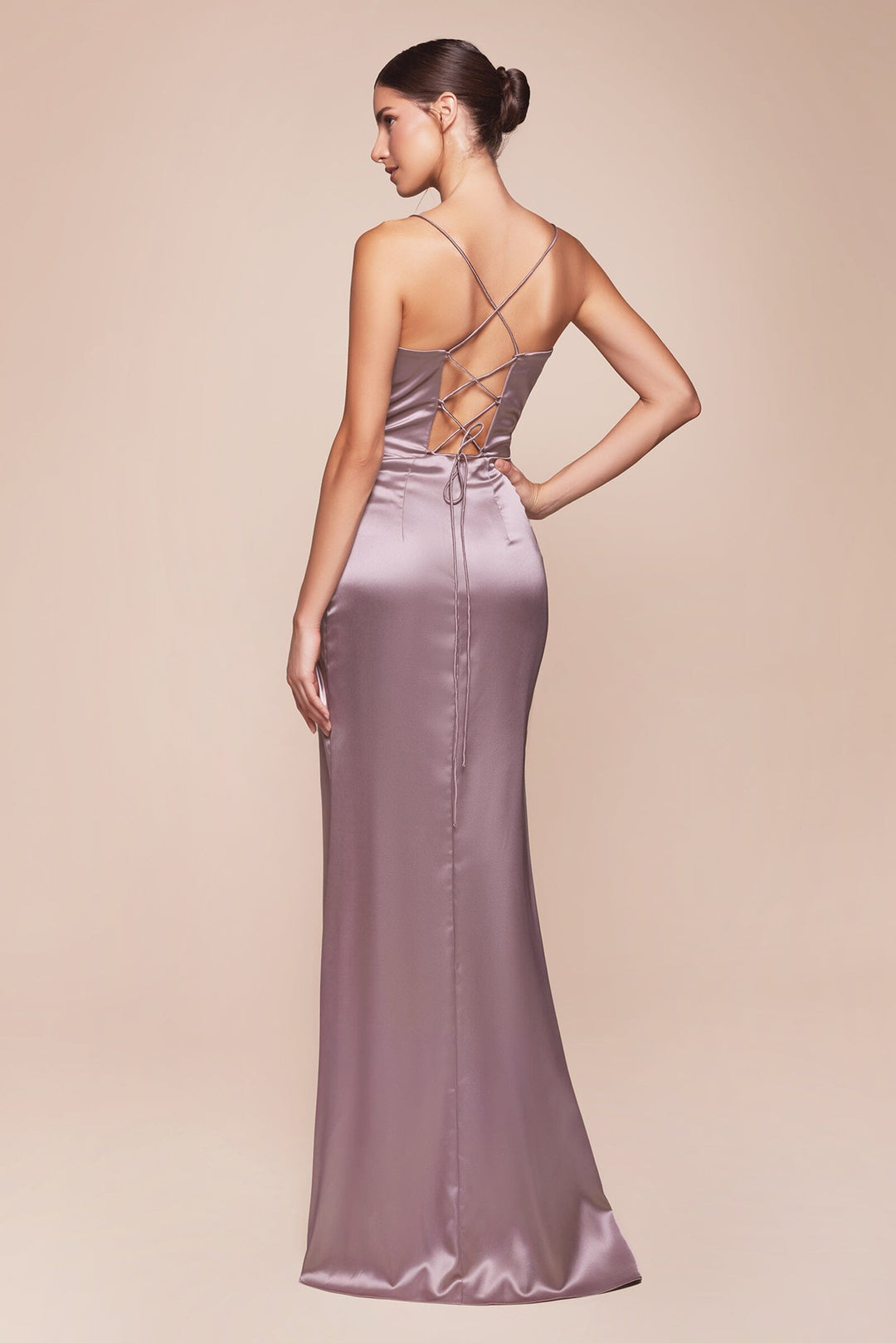 Fitted Satin Corset Cowl Slit Gown by Ladivine 7483