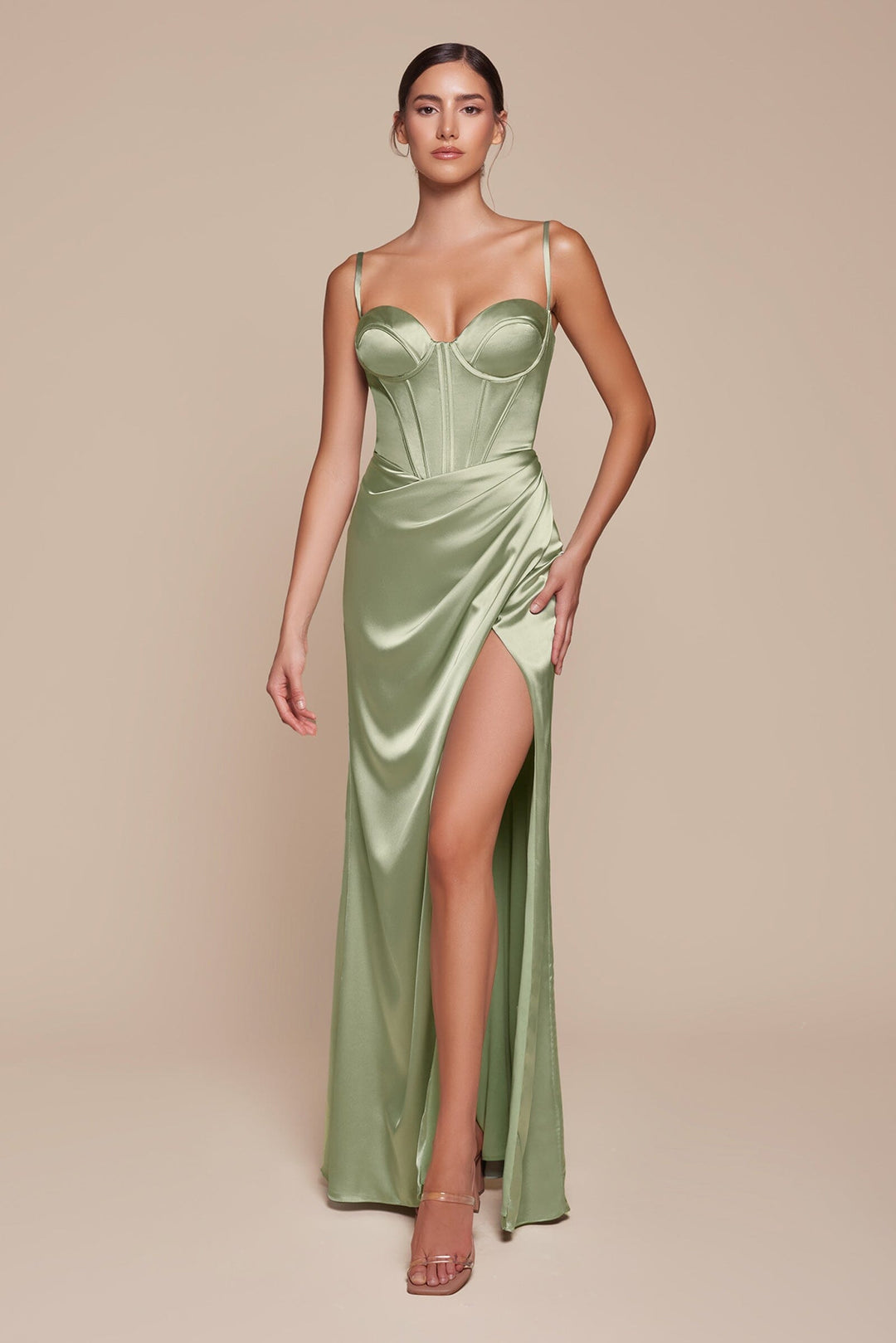 Fitted Satin Sleeveless Bustier Slit Gown by Ladivine 7495