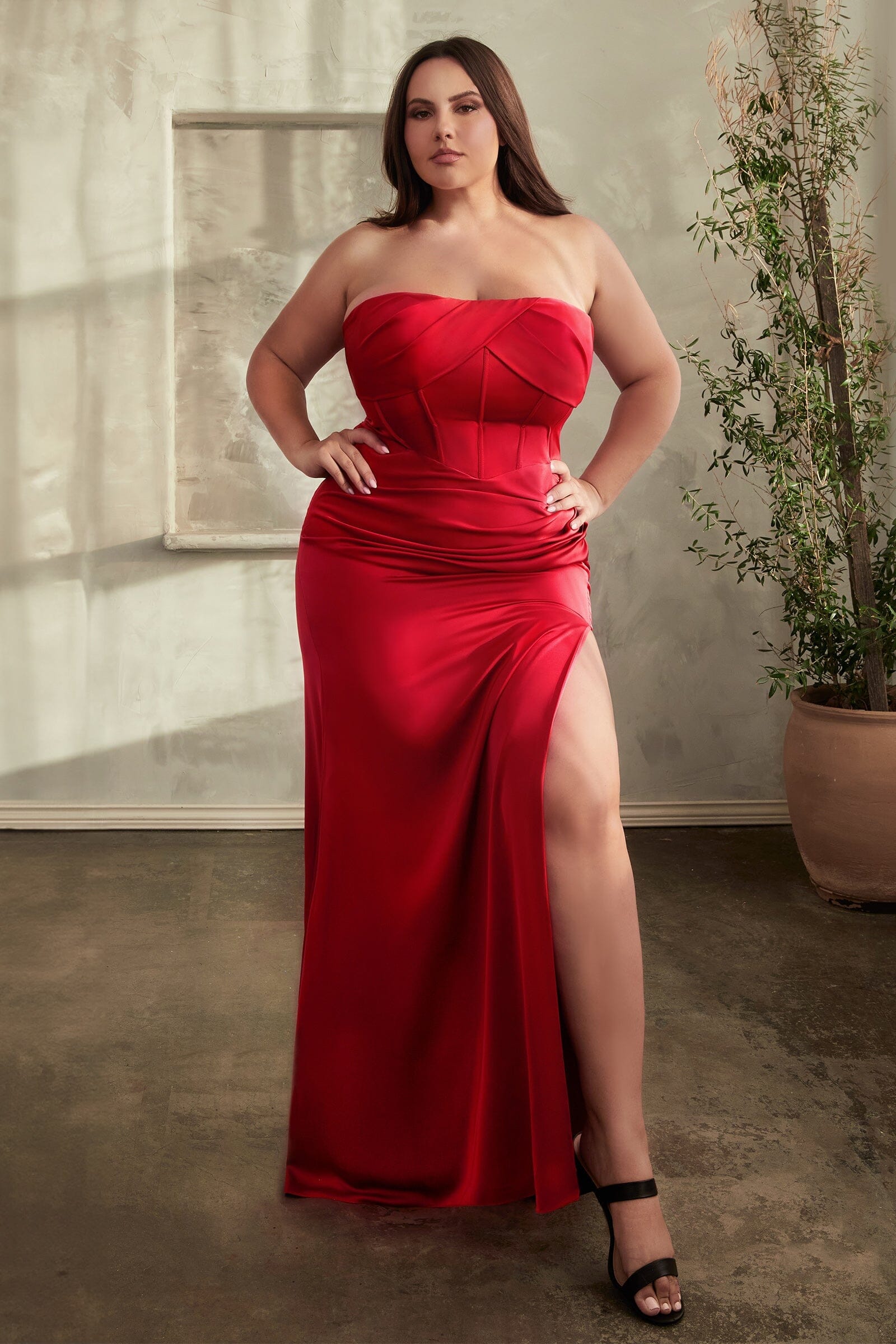 Fitted Satin Strapless Corset Slit Gown by Ladivine CD326 – ABC