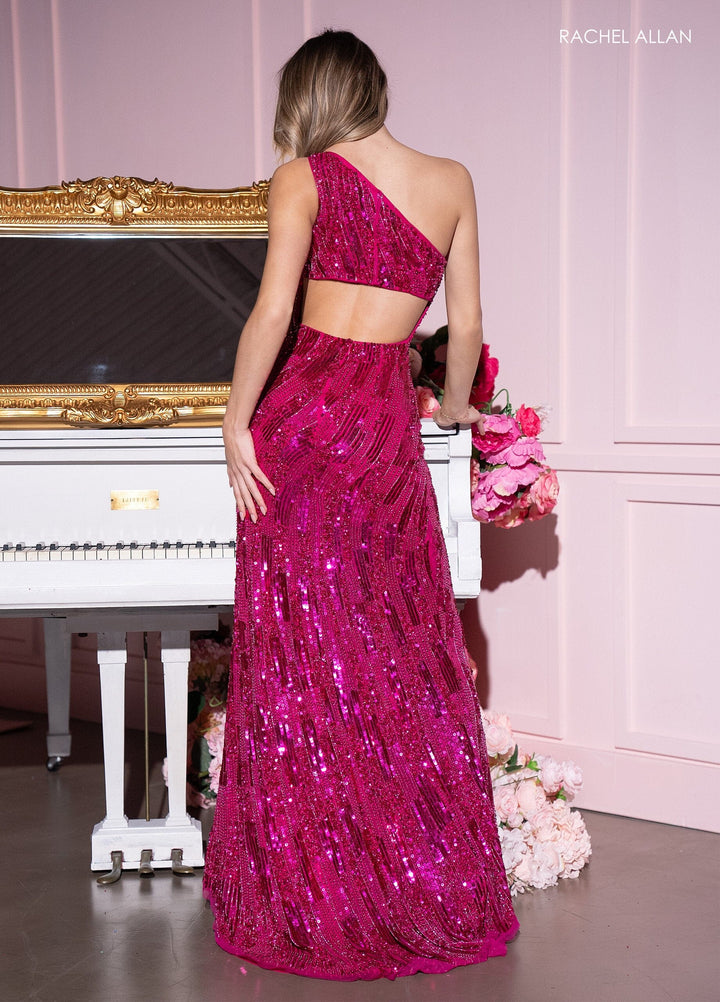 Fitted Sequin One Shoulder Slit Gown by Rachel Allan 70678