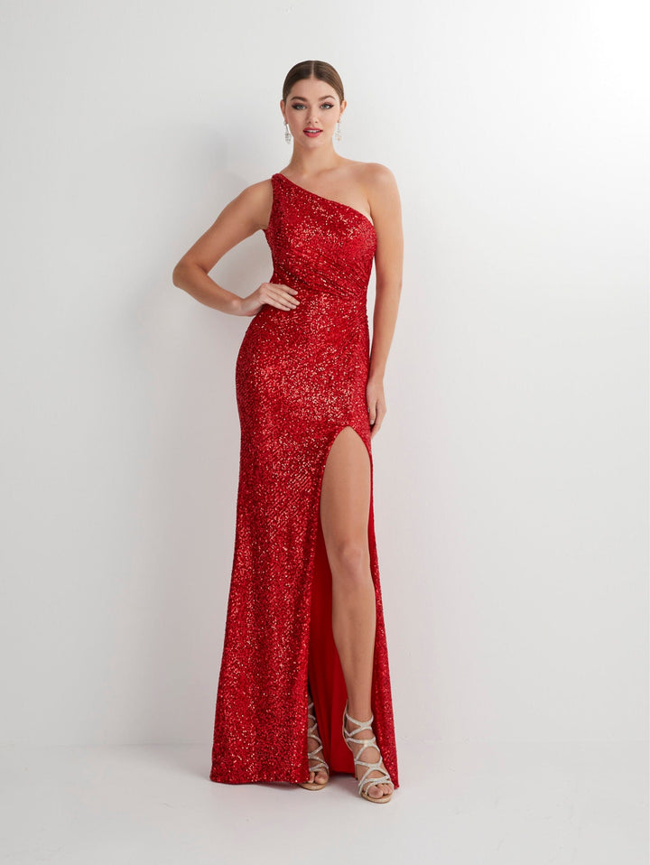 Fitted Sequin One Shoulder Slit Gown by Studio 17 12889