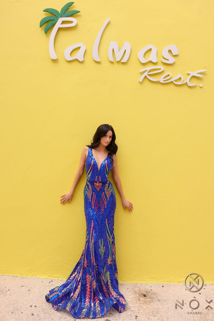 Fitted Sequin Print Deep V-Neck Gown by Nox Anabel R1402