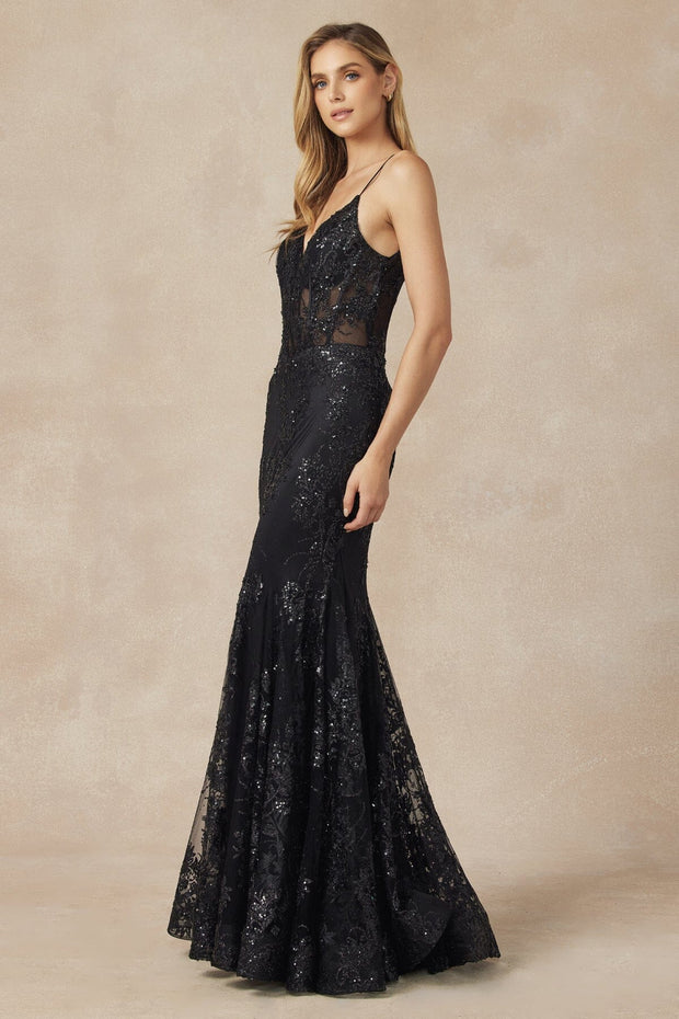 Fitted Sequin Print Sleeveless V-Neck Gown by Juliet 274