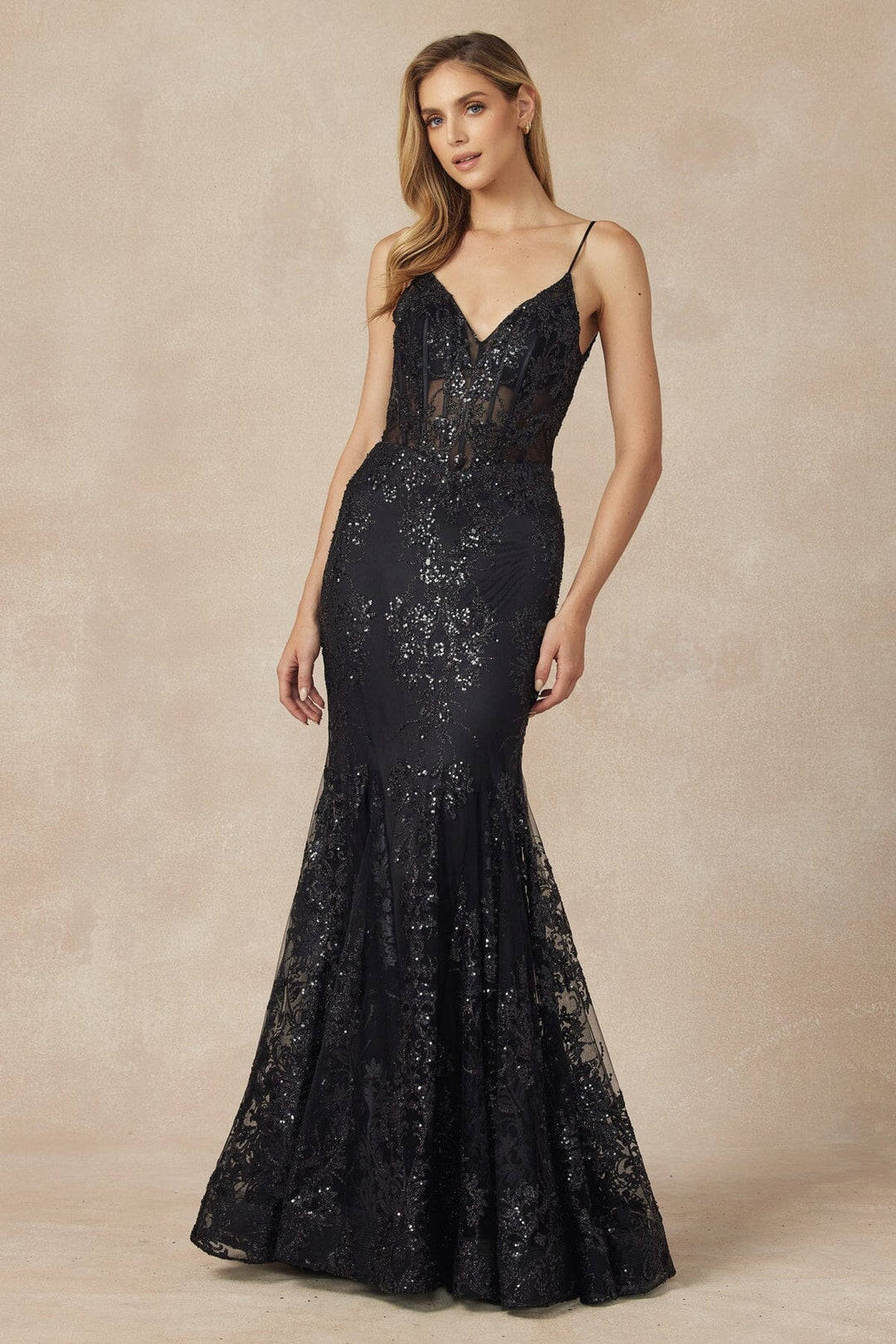 Fitted Sequin Print Sleeveless V-Neck Gown by Juliet 274