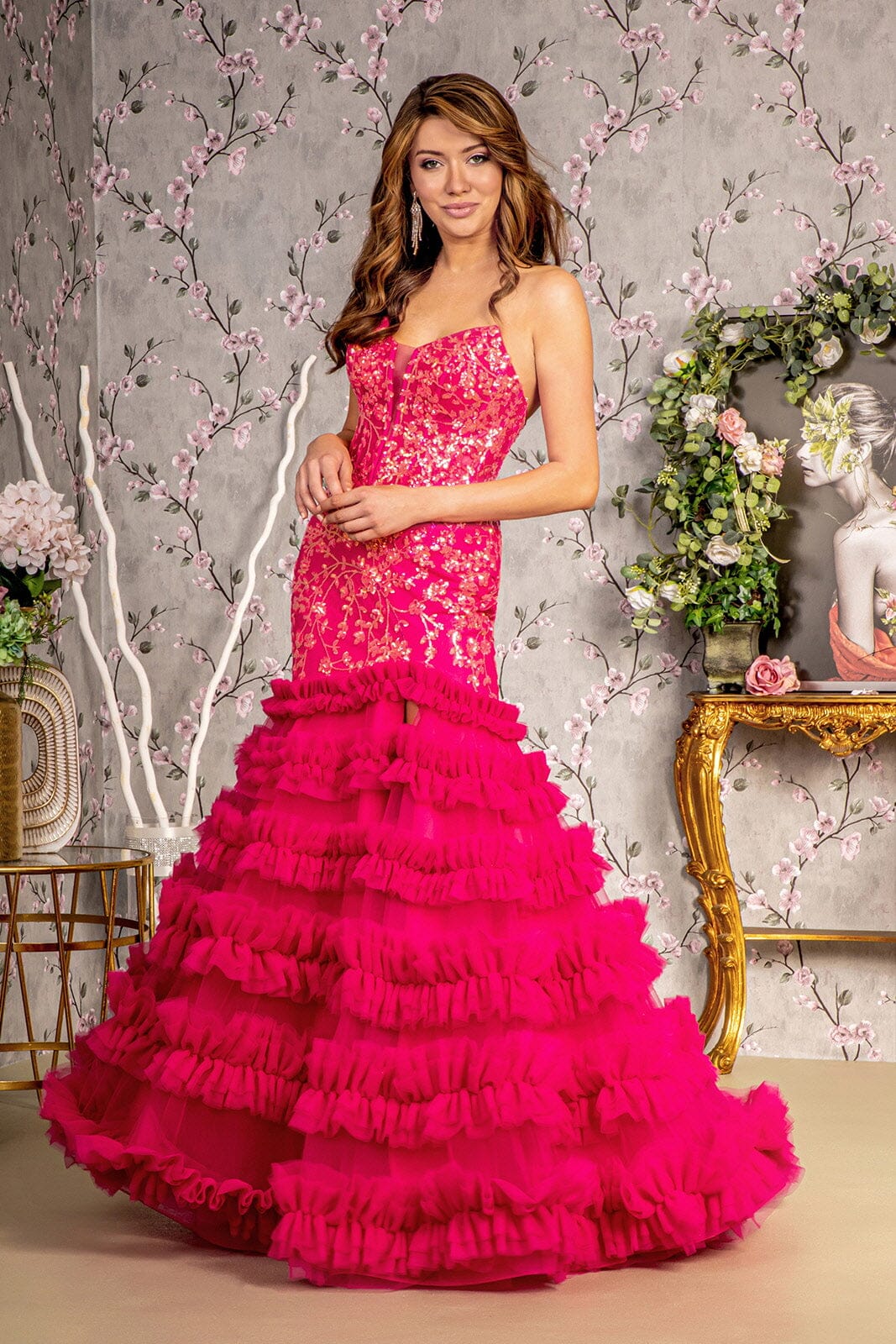 Fitted Sequin Strapless Ruffled Slit Gown by GLS Gloria GL3315 Xs / Fuchsia Fitted Sequin Strapless Ruffled Slit Gown by GLS Gloria GL3315 Xs / Fuchsia
