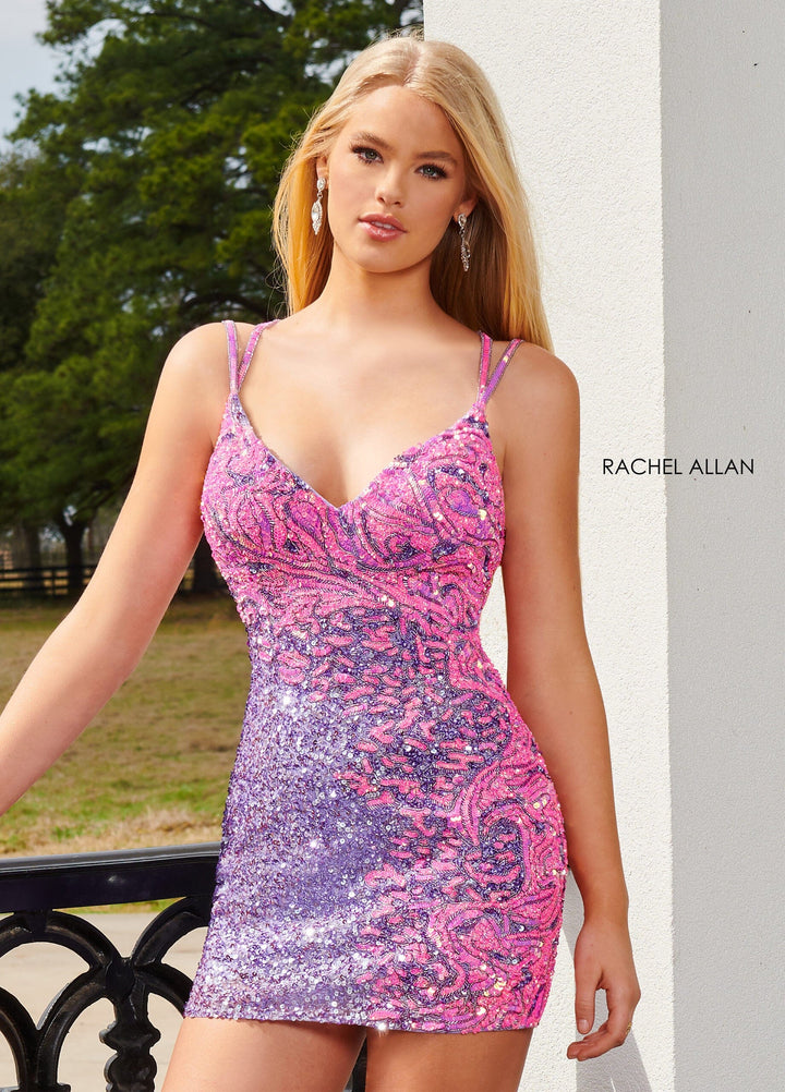 Fitted Short V-Neck Sequin Dress by Rachel Allan 40175