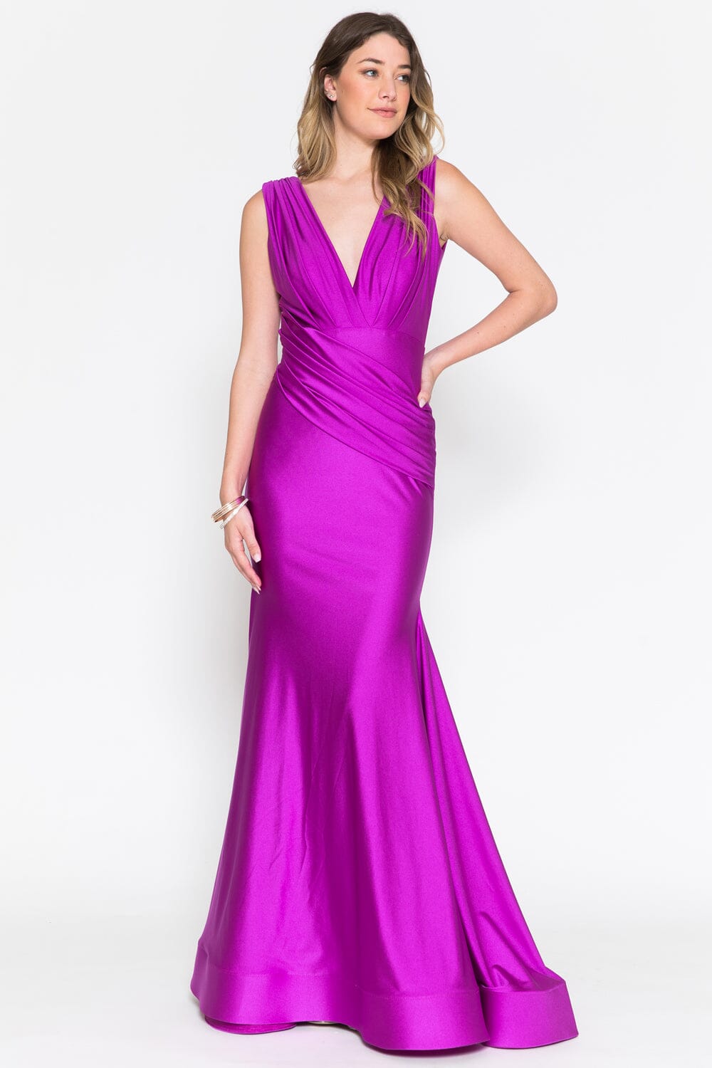 purple lycra dress Deep V-Neck Satin Mermaid Evening bodycon fitted Dress by AMELIA COUTURE 370 EGGPLANT / 6