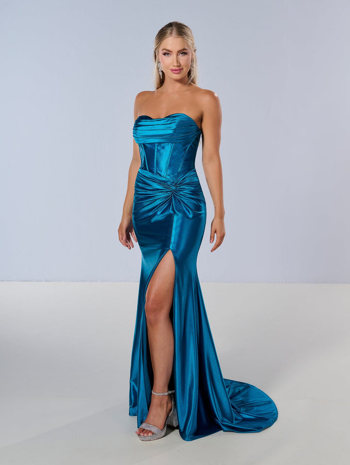 Fitted Strapless Corset Slit Gown by Tiffany Designs 16180