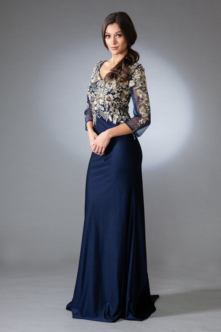 Floral Applique 3/4 Sleeve Gown by Amelia Couture 7039