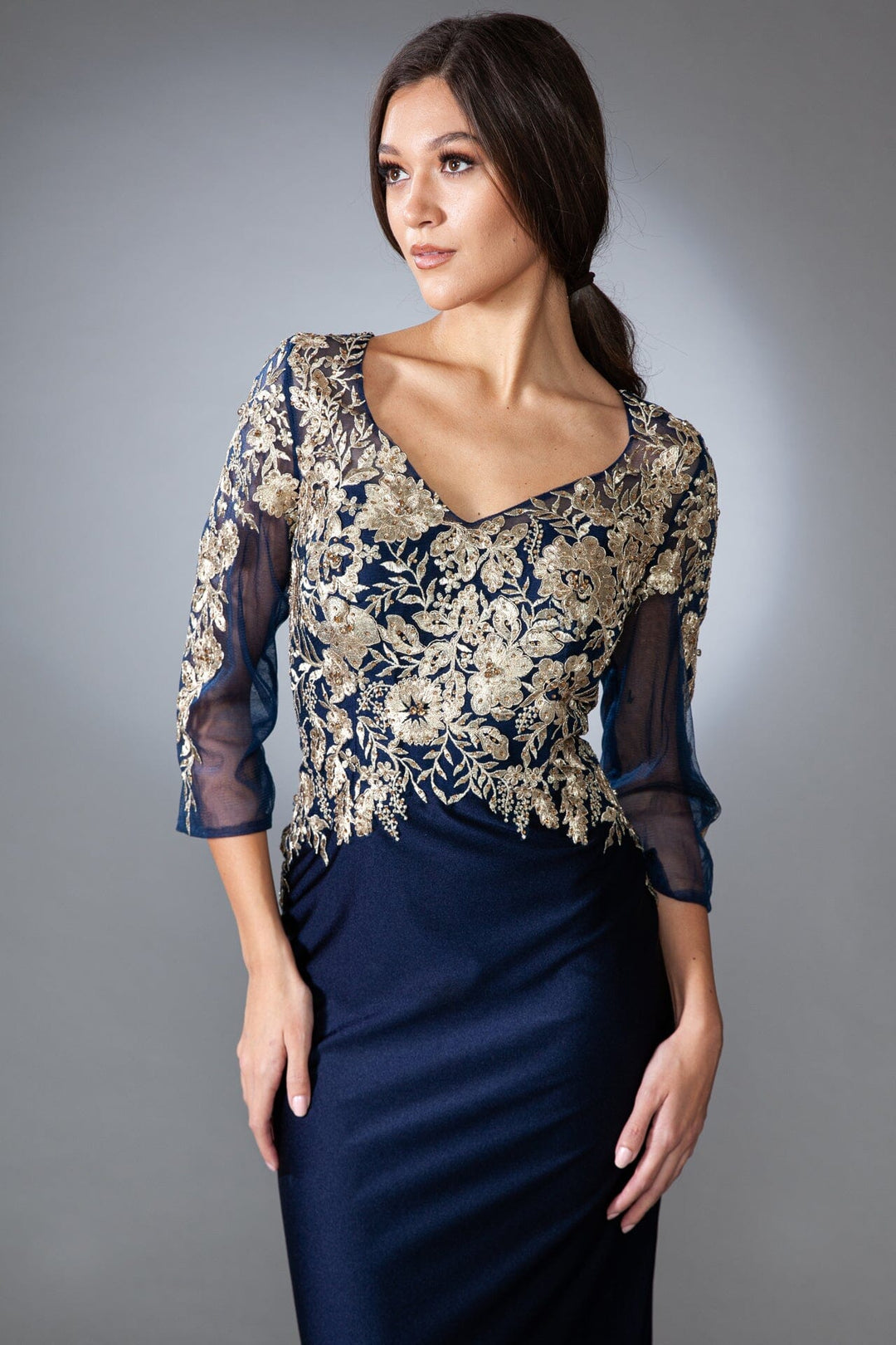 Floral Applique 3/4 Sleeve Gown by Amelia Couture 7039
