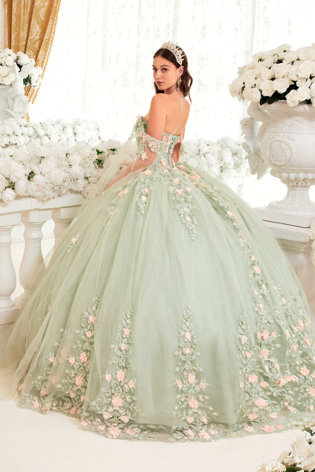 Floral Applique Cape Sleeve Ball Gown by Ladivine 15716