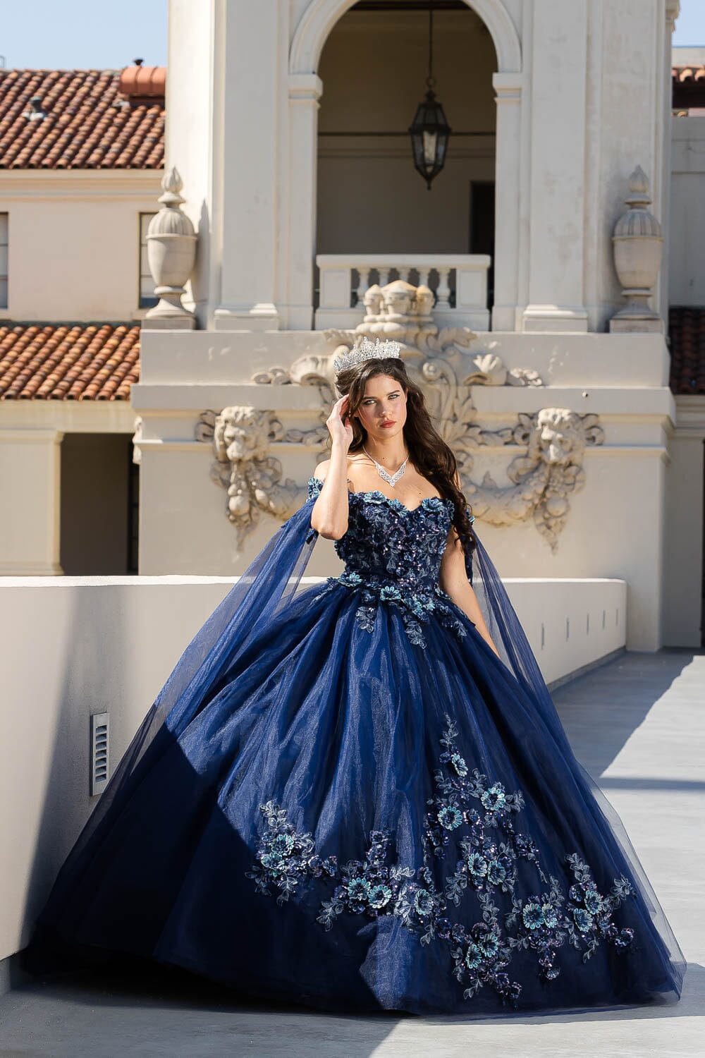 Floral Applique Cape Sleeve Ball Gown by Petite Adele PQ1036