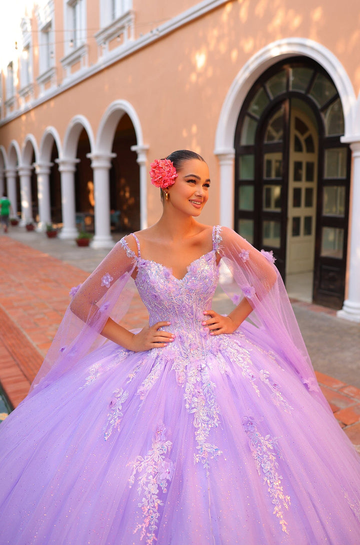 Floral Applique Cape Sleeve Quinceanera Dress by Amarra 54306