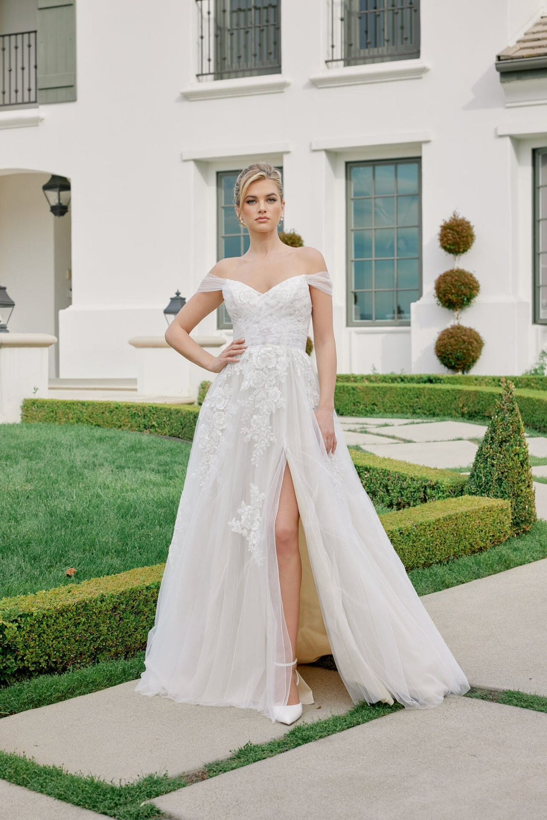 wedding dresses green and white Floral Applique Off Shoulder Bridal Slit Gown by Nox Anabel JE953 6 / White/Nude