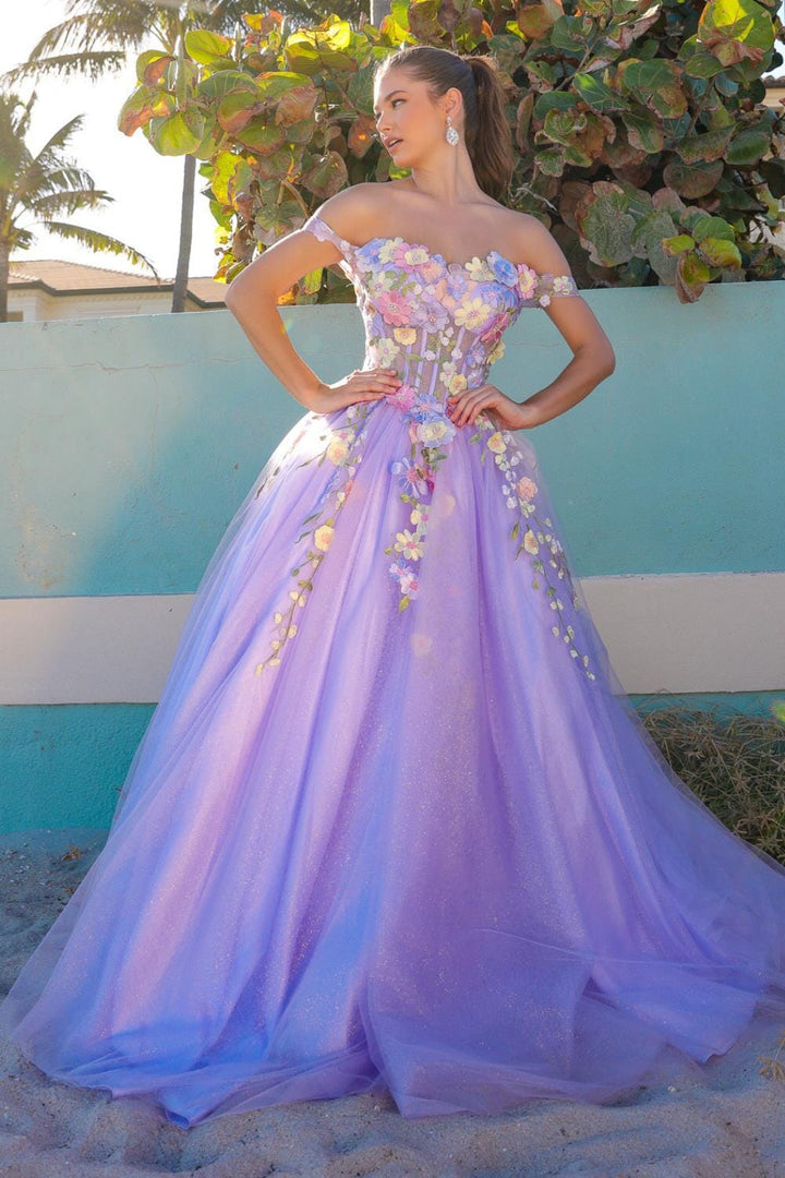 Floral Applique Off Shoulder Gown by Amelia Couture 6124