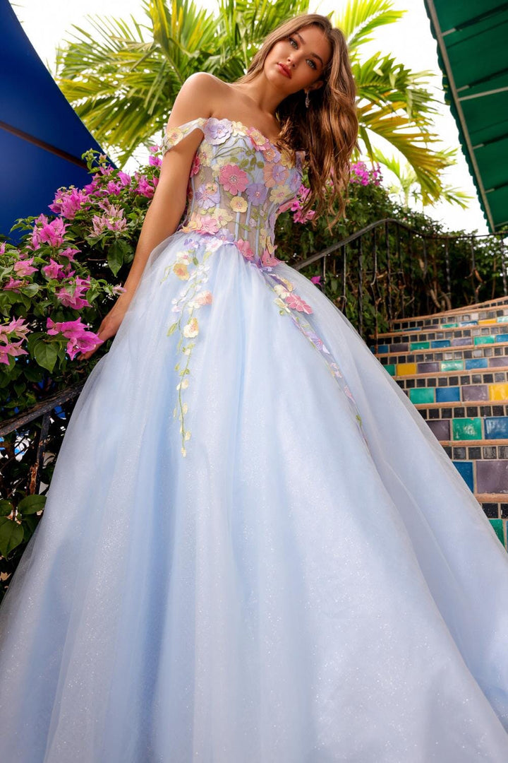 Floral Applique Off Shoulder Gown by Amelia Couture 6124