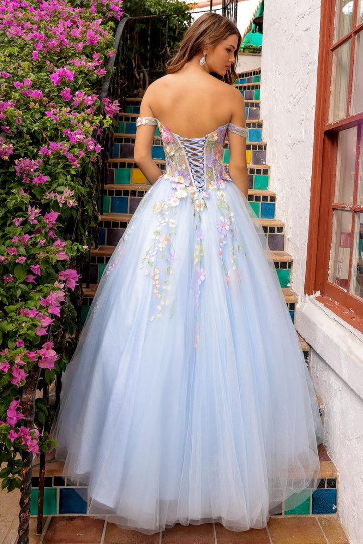 Floral Applique Off Shoulder Gown by Amelia Couture 6124