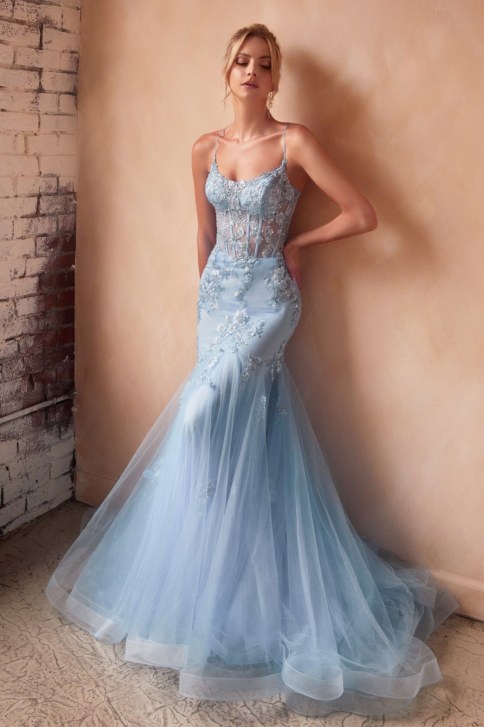 Floral Applique Sheer Corset Mermaid Dress by Ladivine D145