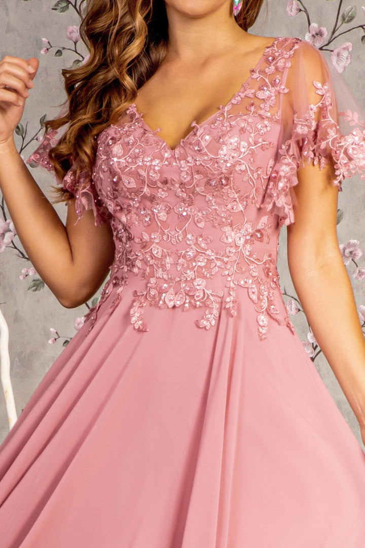 Floral Applique Short Sleeve A-line Gown by GLS Gloria GL3352