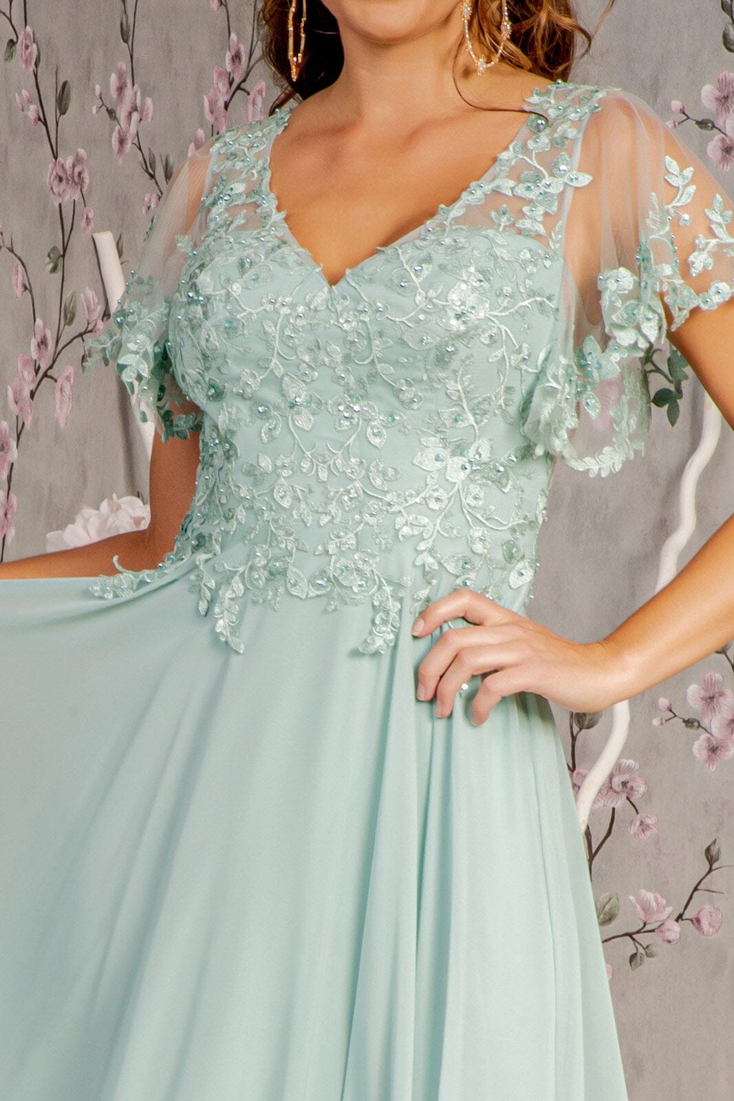 Floral Applique Short Sleeve A-line Gown by GLS Gloria GL3352