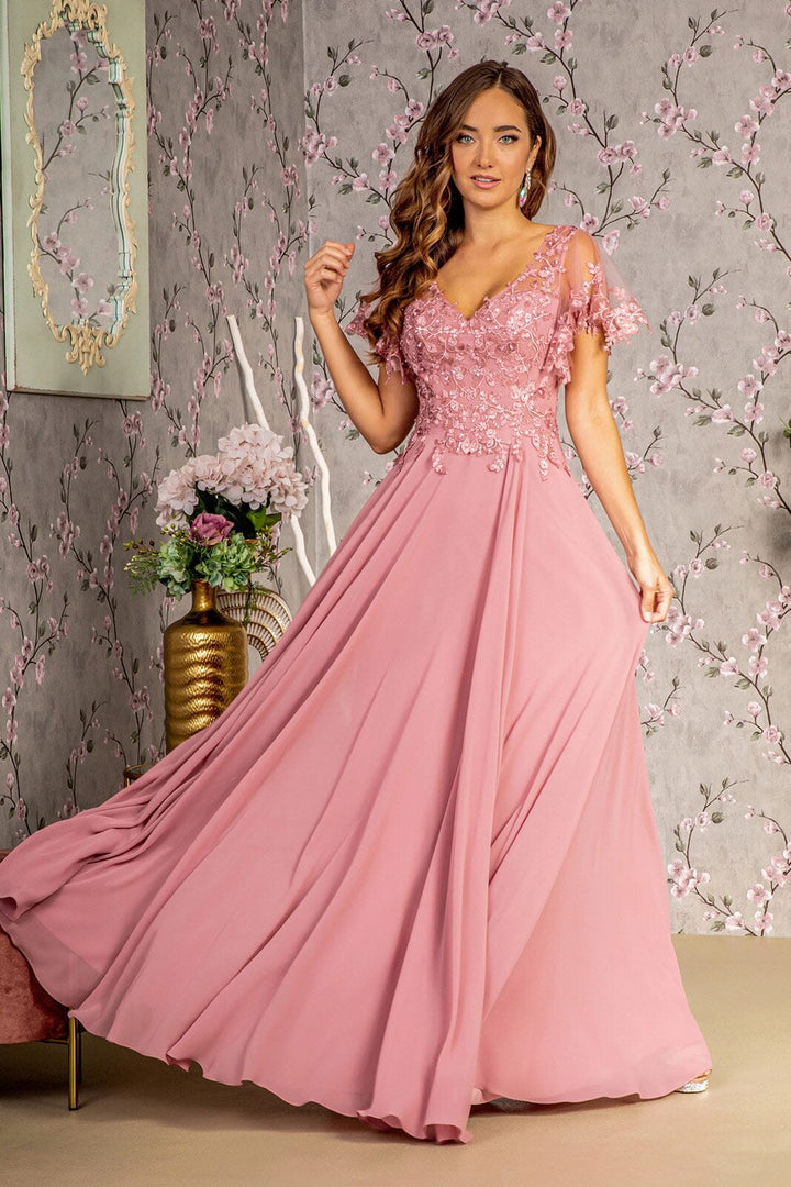 Floral Applique Short Sleeve A-line Gown by GLS Gloria GL3352