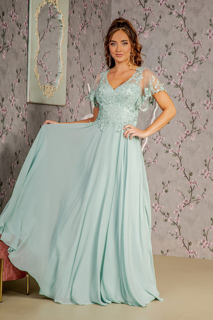 Floral Applique Short Sleeve A-line Gown by GLS Gloria GL3352