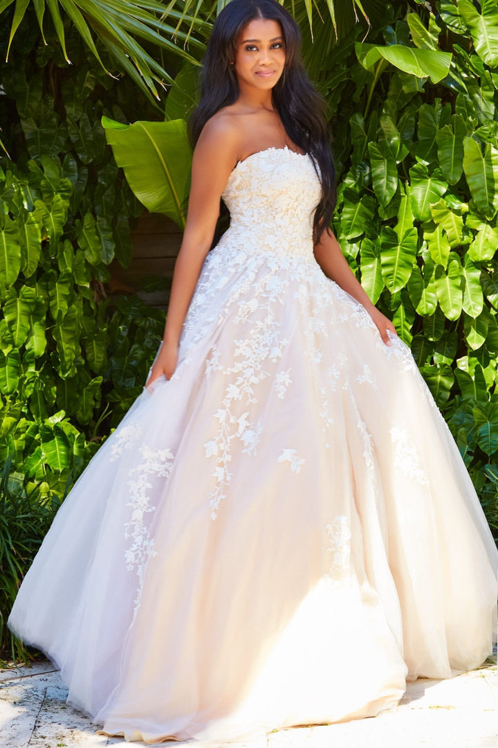 Floral Applique Strapless A-line Gown by Jovani 1831