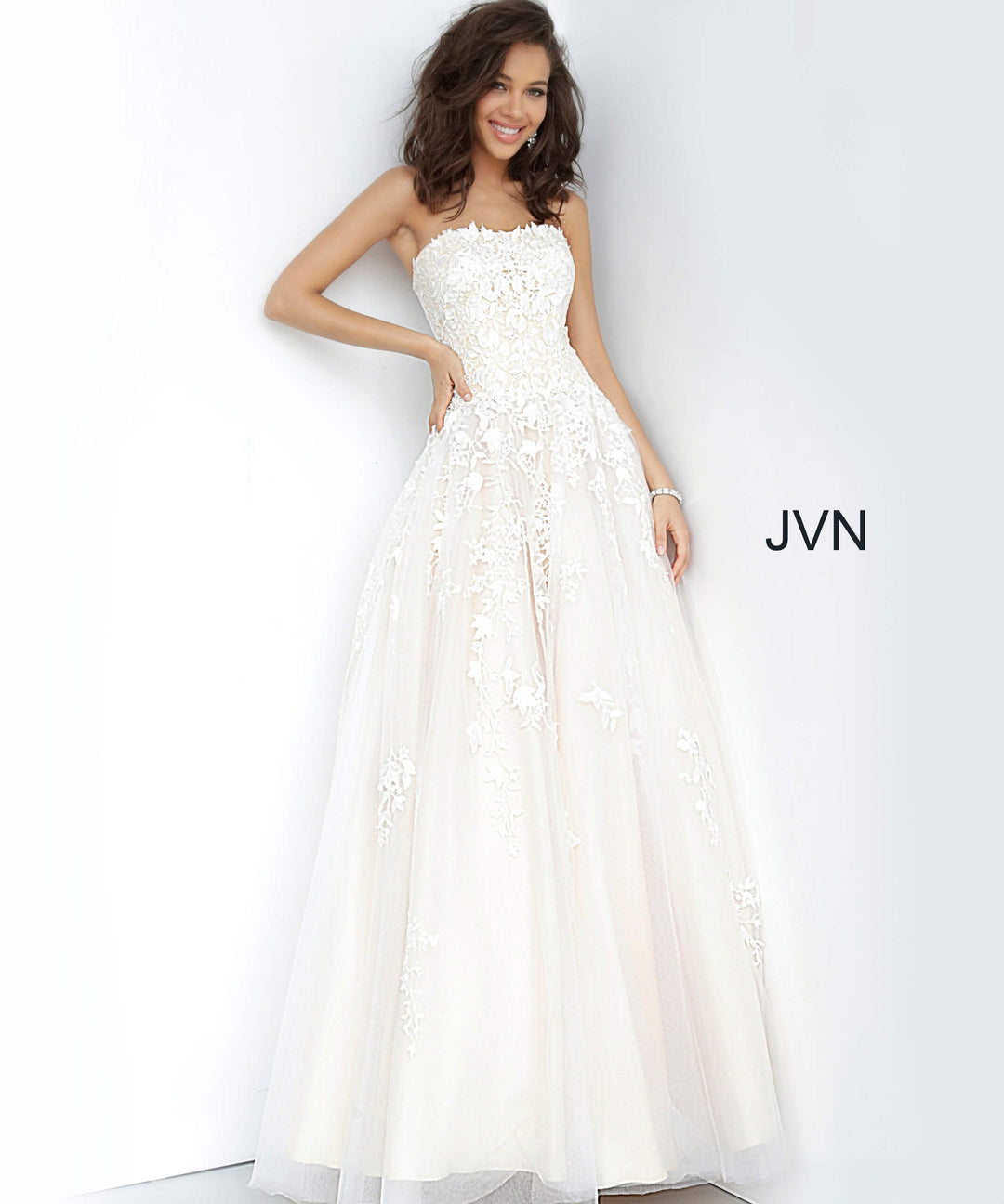 Floral Applique Strapless A-line Gown by Jovani 1831