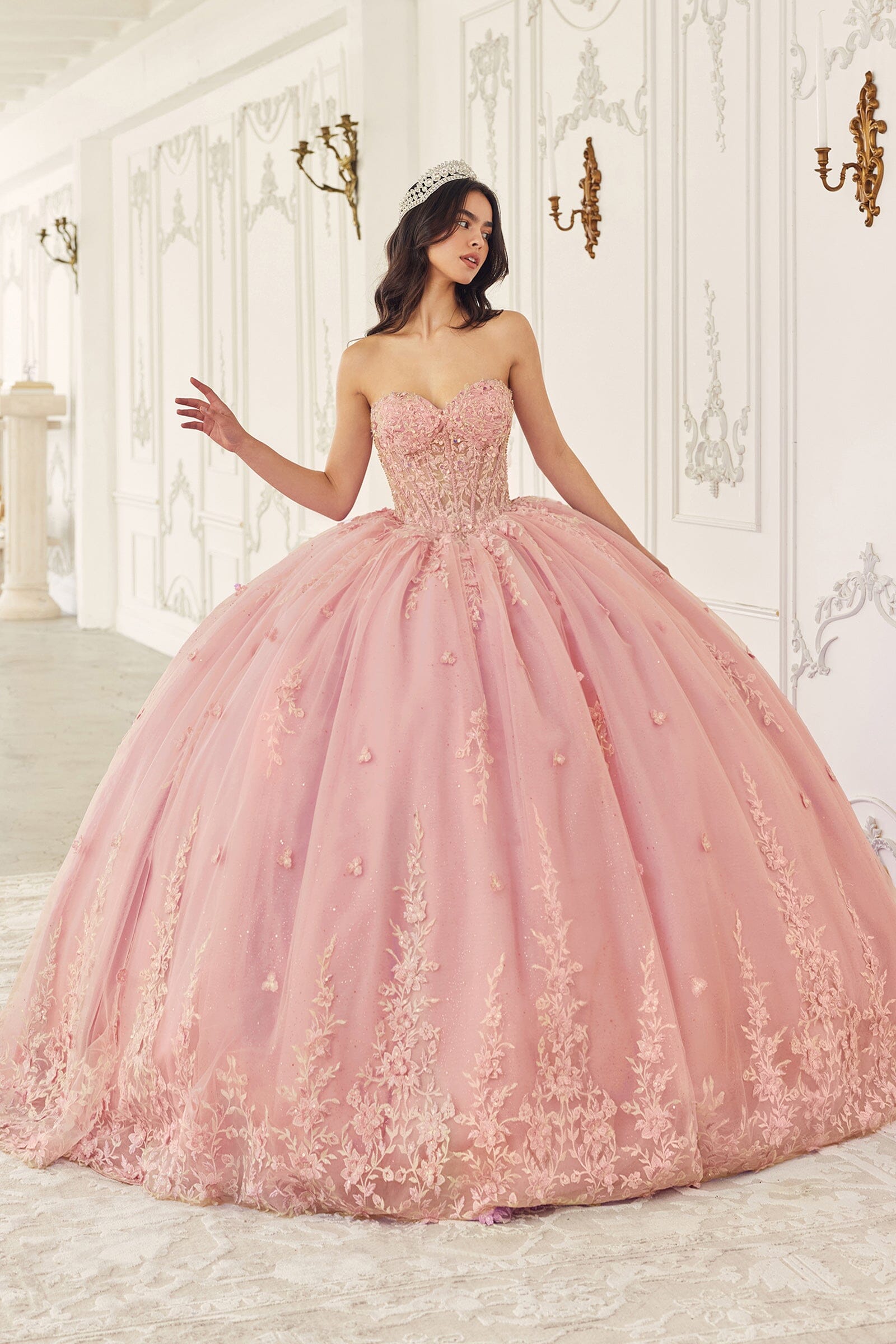Floral Applique Strapless Cape Ball Gown by Ladivine 15723 – ABC