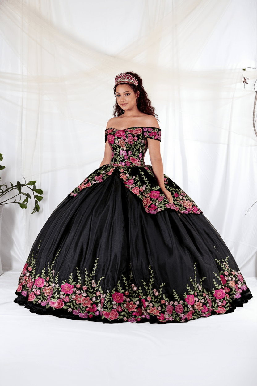 quince black dress Sequin Print Quinceanera by House of Wu 26054 8 / Gold Ball Gown Style Fabric Valentina Quinceanera by Morilee 34104