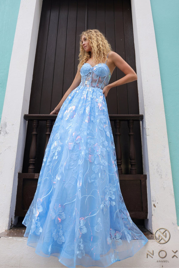 Floral Embroidered Corset A-line Gown by Nox Anabel T1332