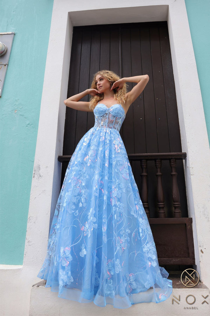 Floral Embroidered Corset A-line Gown by Nox Anabel T1332