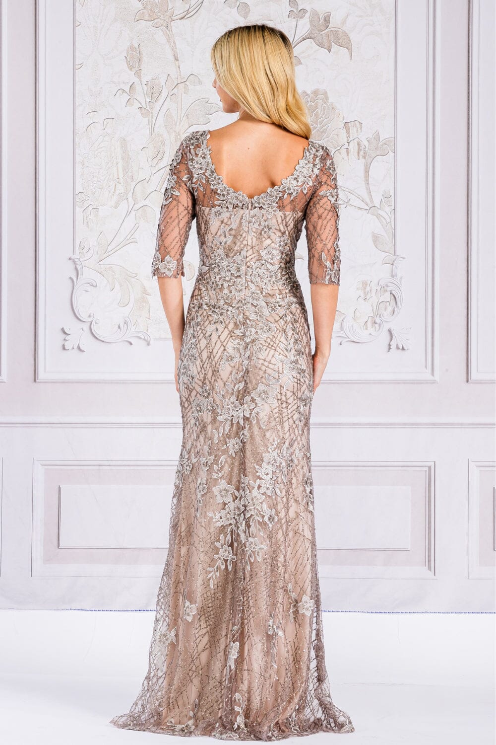 Floral Embroidered Mid-Sleeve Gown by Amelia Couture 7045 8 / Navy Floral Embroidered Mid-Sleeve Gown by Amelia Couture 7045 8 / Navy