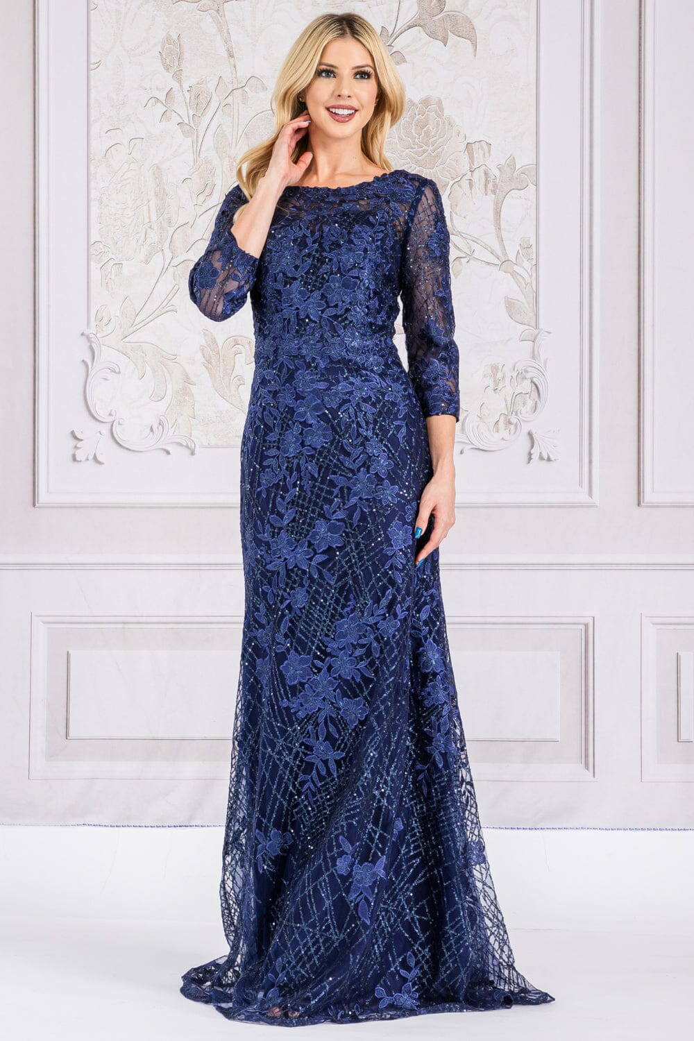 Floral Embroidered Mid-Sleeve Gown by Amelia Couture 7045 8 / Navy Floral Embroidered Mid-Sleeve Gown by Amelia Couture 7045 8 / Navy