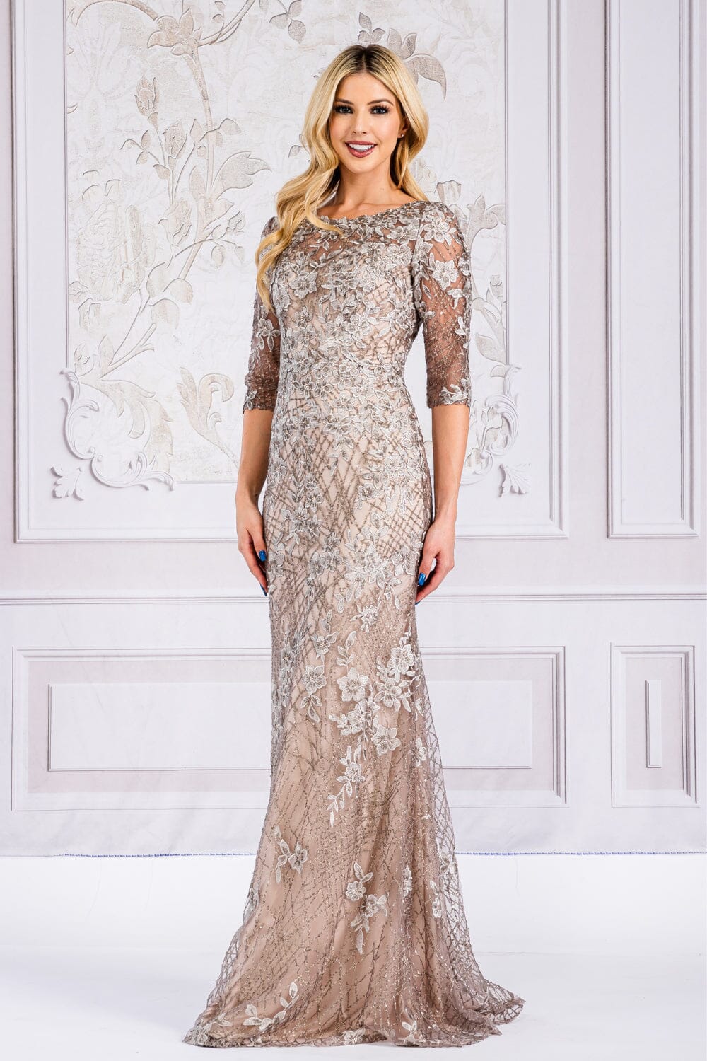 Floral Embroidered Mid-Sleeve Gown by Amelia Couture 7045