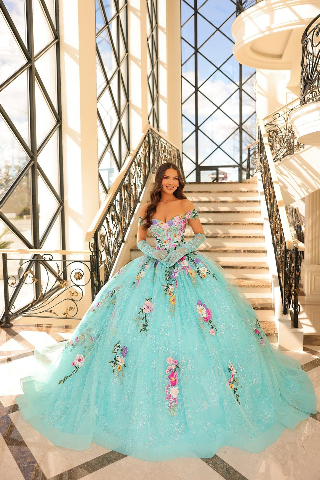 Amarra 54200 Long Floral Ball Gown Quinceanera Dress - Aqua/Multi / 20 Amarra 54200 Long Floral Ball Gown Quinceanera Dress - Aqua/Multi / 20