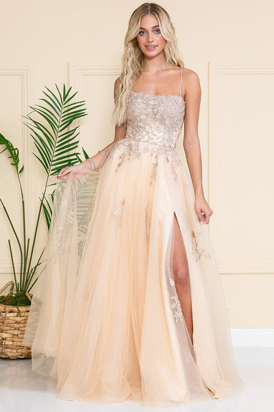 Floral Embroidered Slit Gown by Amelia Couture 7007