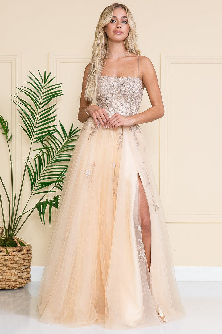 Floral Embroidered Slit Gown by Amelia Couture 7007
