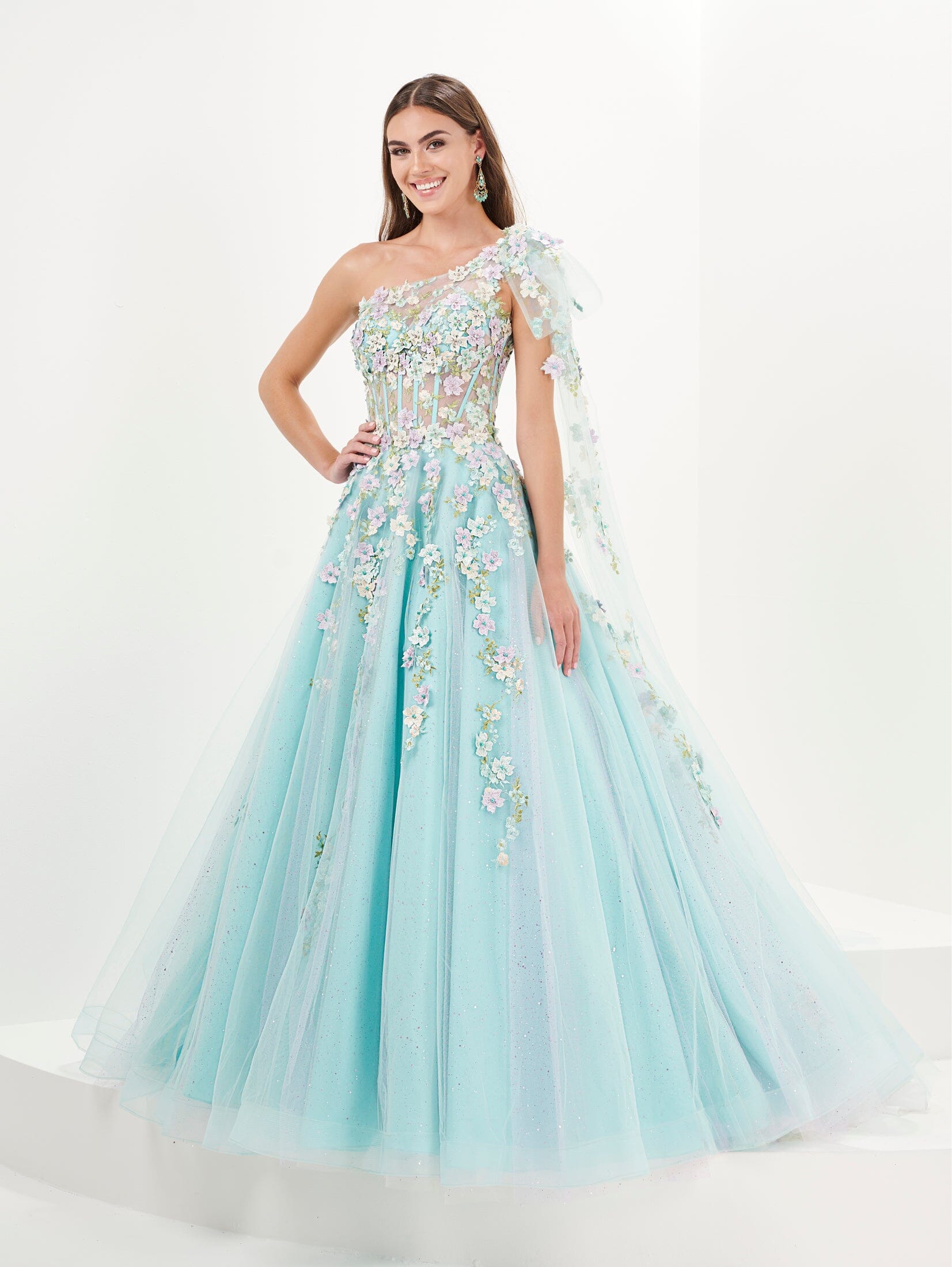 Aqua one shoulder floral ball gown online