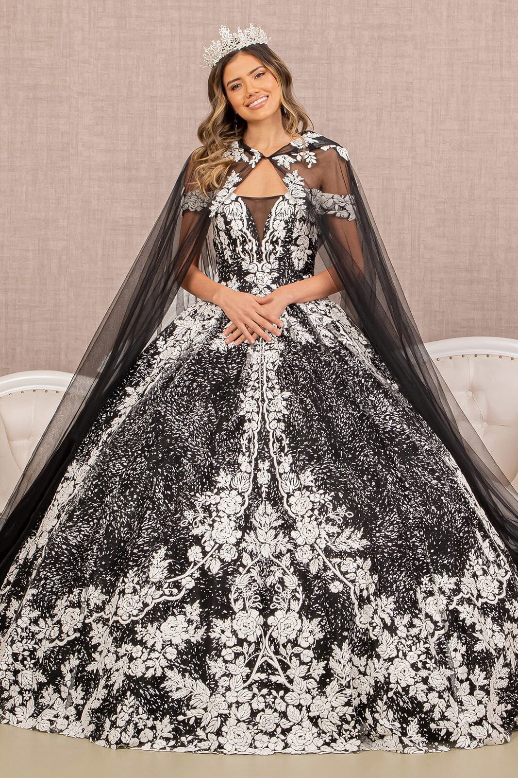 Floral Print Cloak Ball Gown by Elizabeth K GL3168