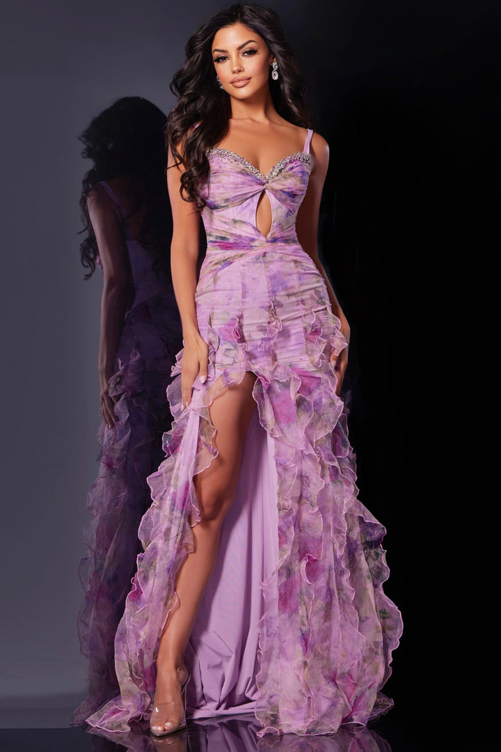 Floral Print Fitted Sleeveless Slit Gown by Jovani D5113
