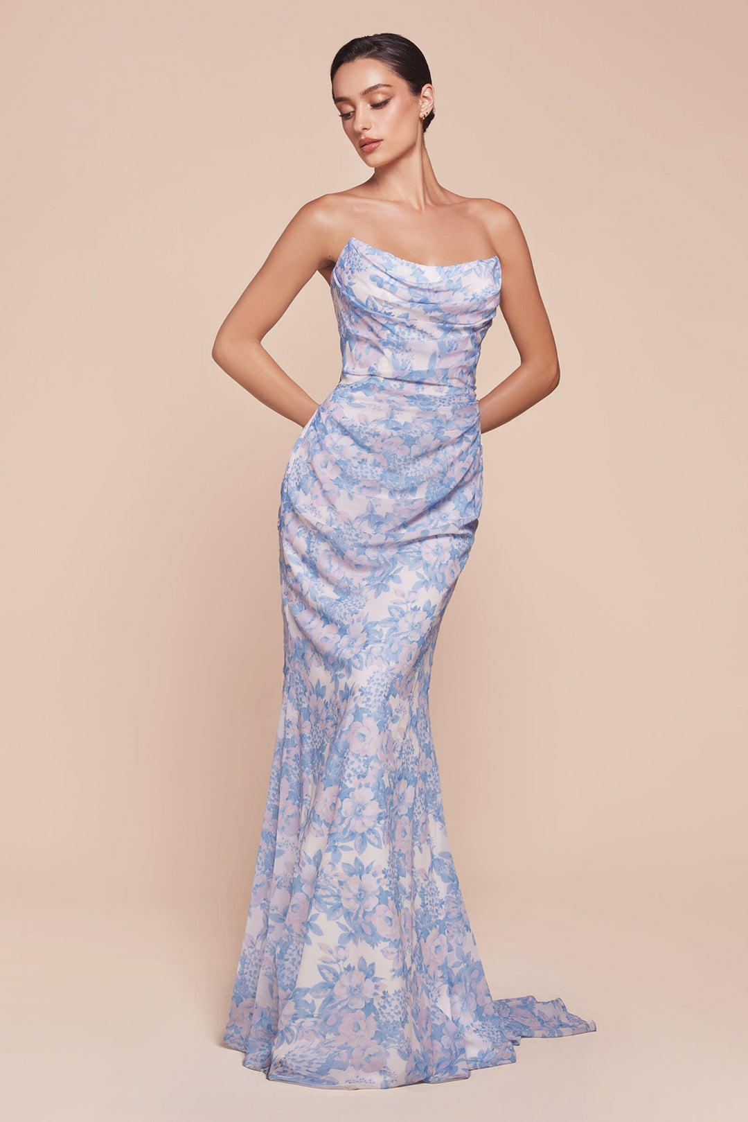 Floral Print Fitted Strapless Gown by Ladivine 7445 Floral Print Fitted Strapless Gown by Ladivine 7445