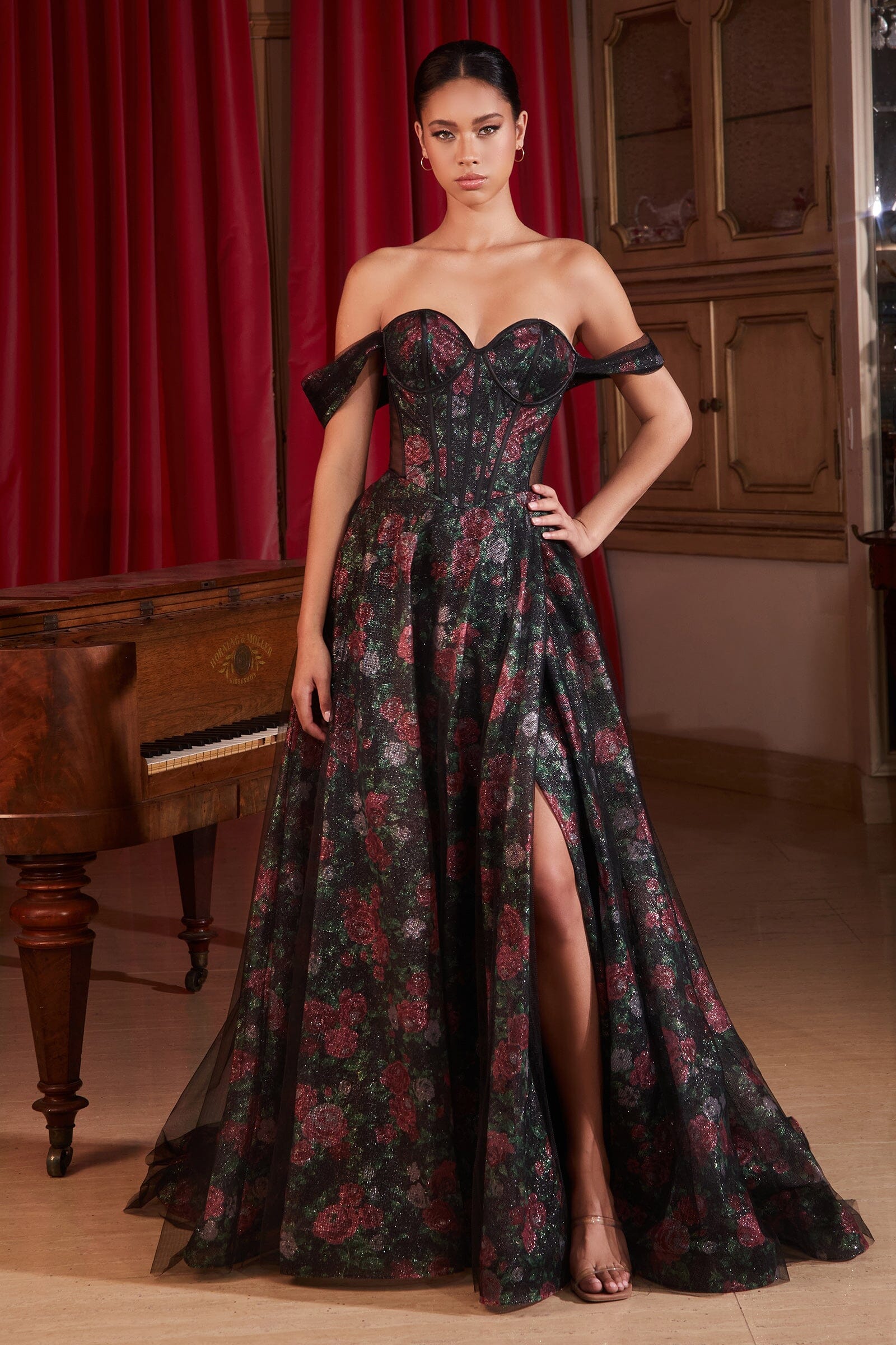 Ladivine CD806 Black Off The Shoulder Ball Gown With Floral Underlay main image 0
