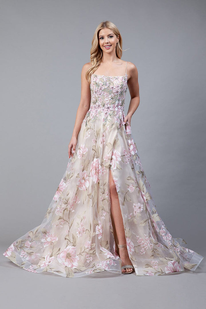 Floral Print Sleeveless Slit Gown by Amelia Couture 2105