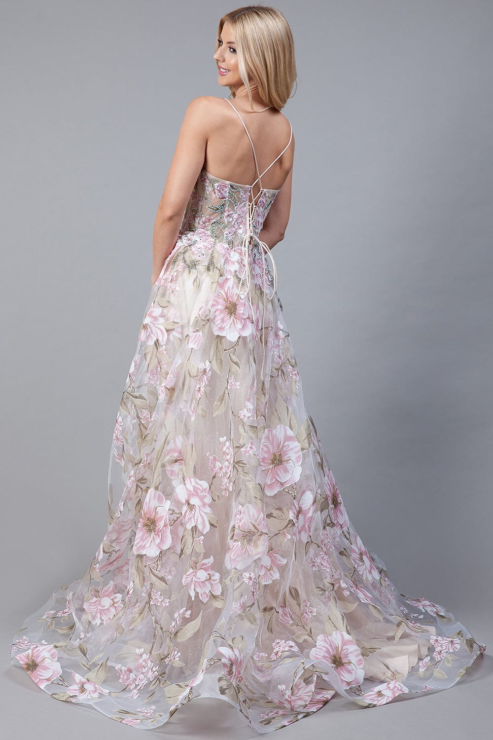 Floral Print Sleeveless Slit Gown by Amelia Couture 2105