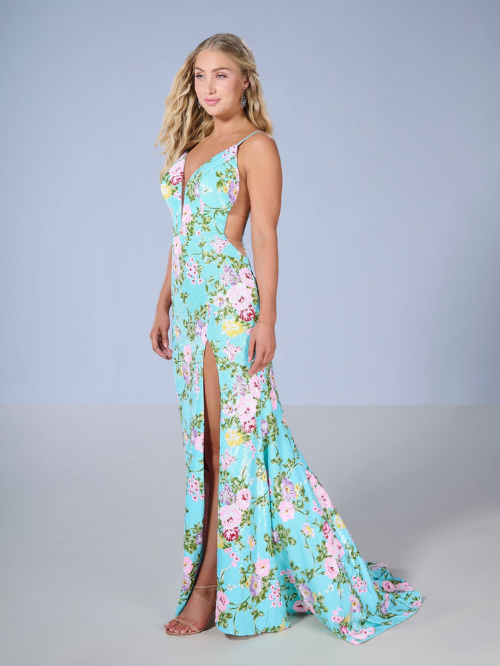 Floral Print Sleeveless Slit Gown by Tiffany Designs 16155