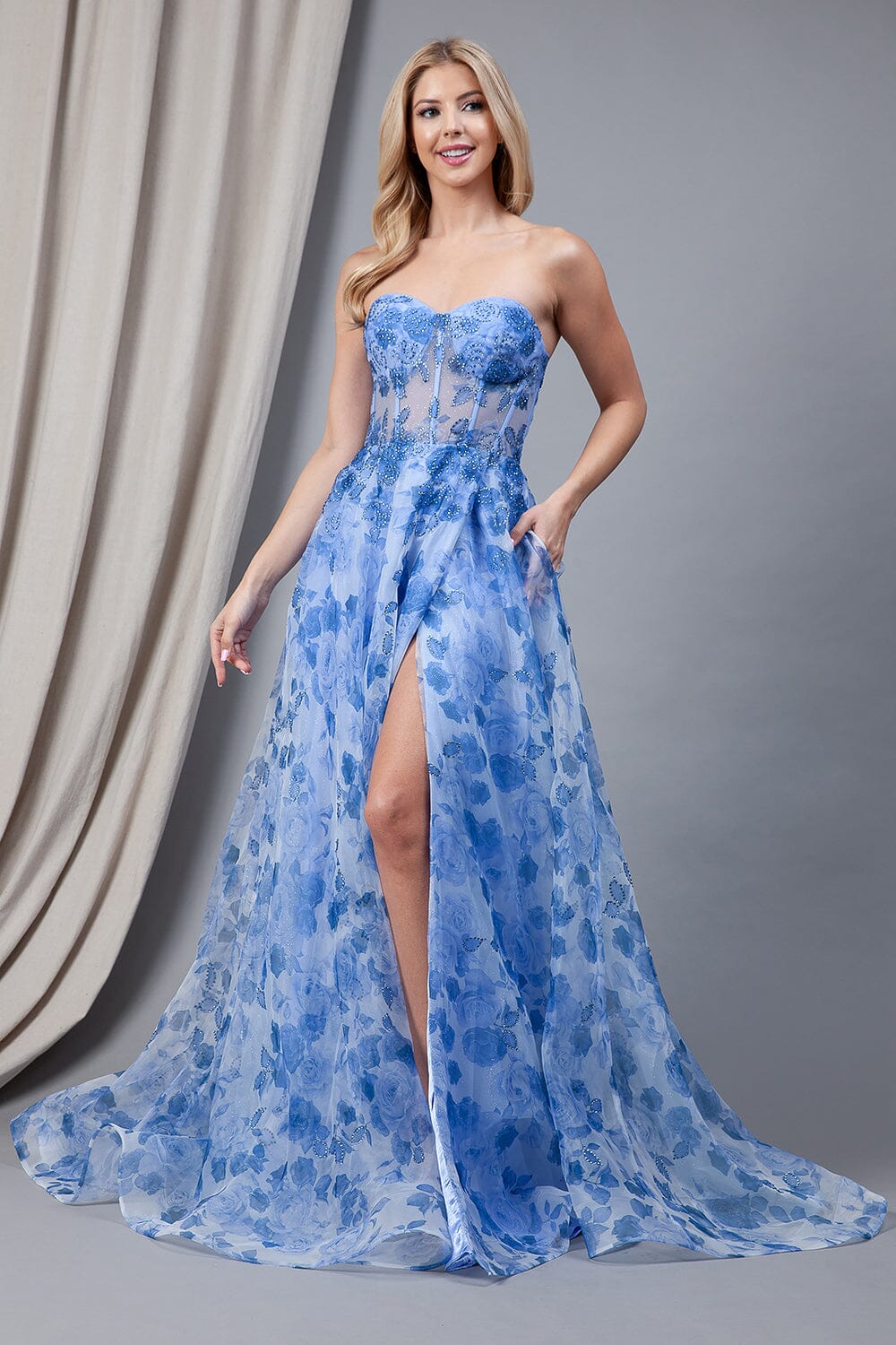 Floral Print Strapless Slit Gown by Amelia Couture 2106