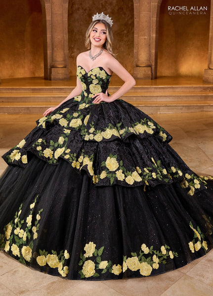 black and gold quinceanera dresses Floral Strapless Dress by Rachel Allan RQ5006 Fabric_Printed Fabric Ombreprom Homecoming Dress Sparkly Color:Vibrant Hot Pink Silver/Rose Gold Sizes